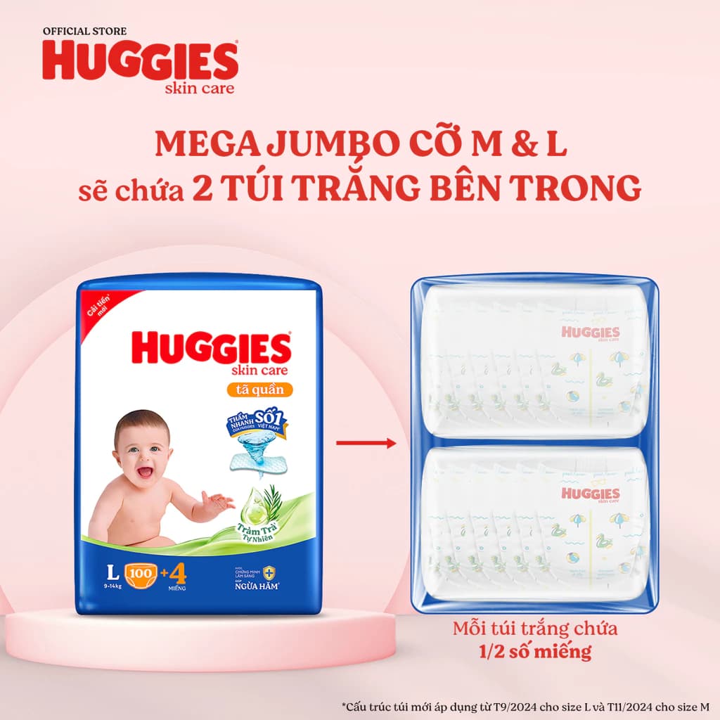 [MẪU MỚI 5MM] BỈM HUGGIES MEGA JUMBO SKINCARE TRÀM TRÀ CÁC SIZE M106/L104/XL88/XXL80 - - Kho Bỉm Giãn Dân thumbnail 3